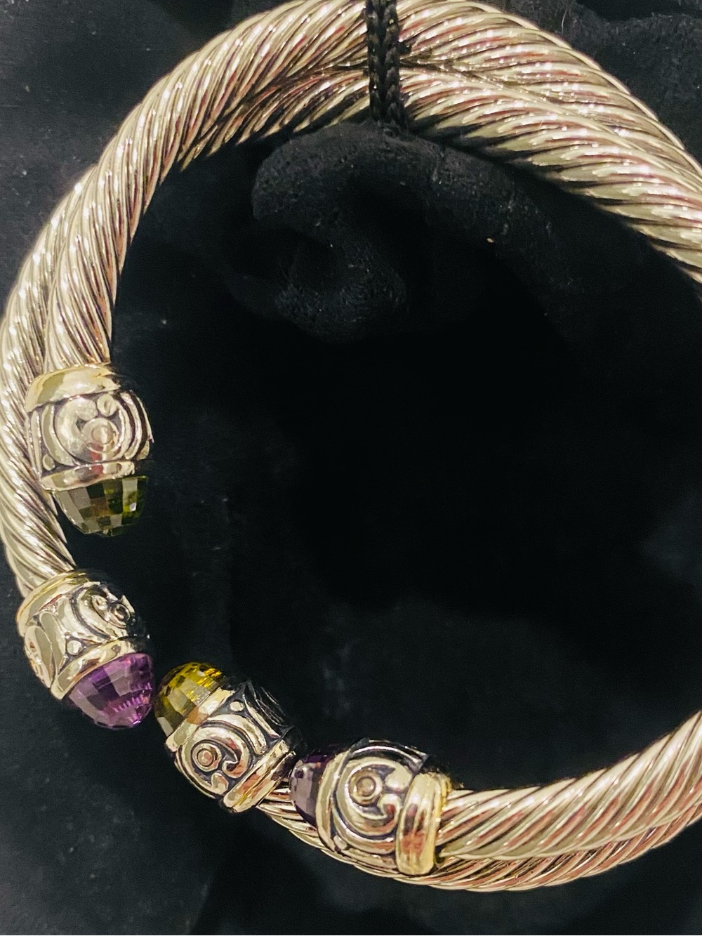 🔥2 Sterling Silver Cable-Style Open Bangle with Purple Amethyst and  Citrine